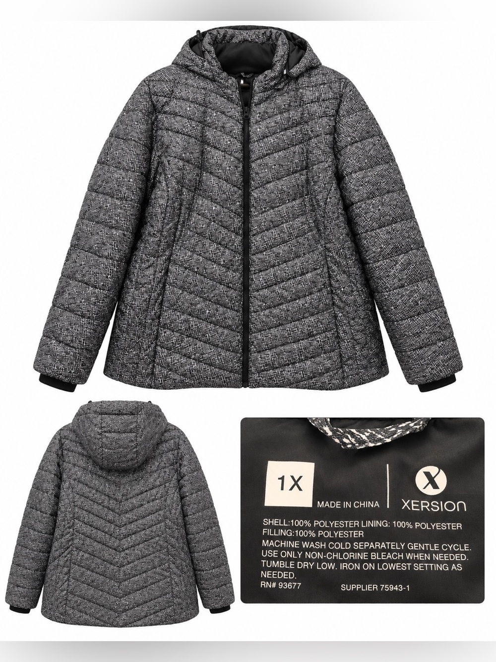 : Xersion Women’s 1X Gray Black Hooded Quilted Puffer Jacket